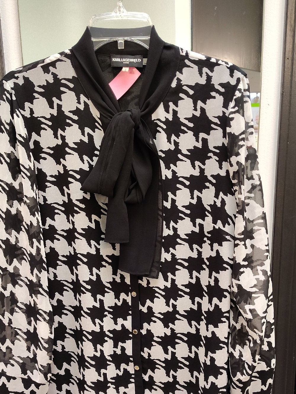 Karl Lagerfeld Black & White Houndstooth Tie-Neck Shirt